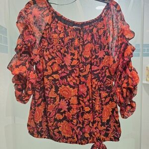 CeCe Orange Floral Ruffle Sleeve Blouse on Black With Gold Sparkle Accents